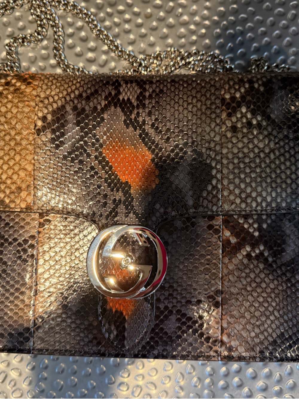 Gucci Brown and Orange Snakeskin Shoulder Bag with Silver Hardware